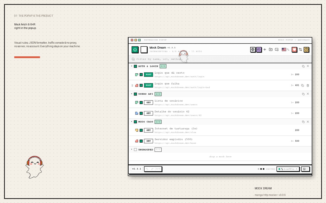 Mock Dream popup with active mock rules running in the browser.